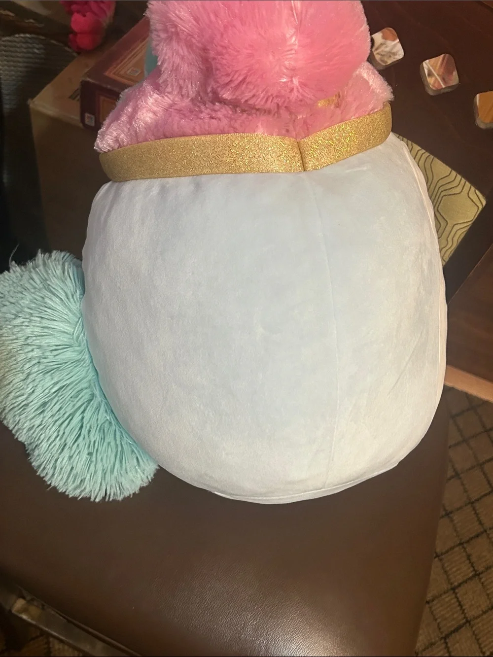 Squishmallows Plush Lyric SquirrPillow with Pink and Teal Pom Poms and Gold Trim
